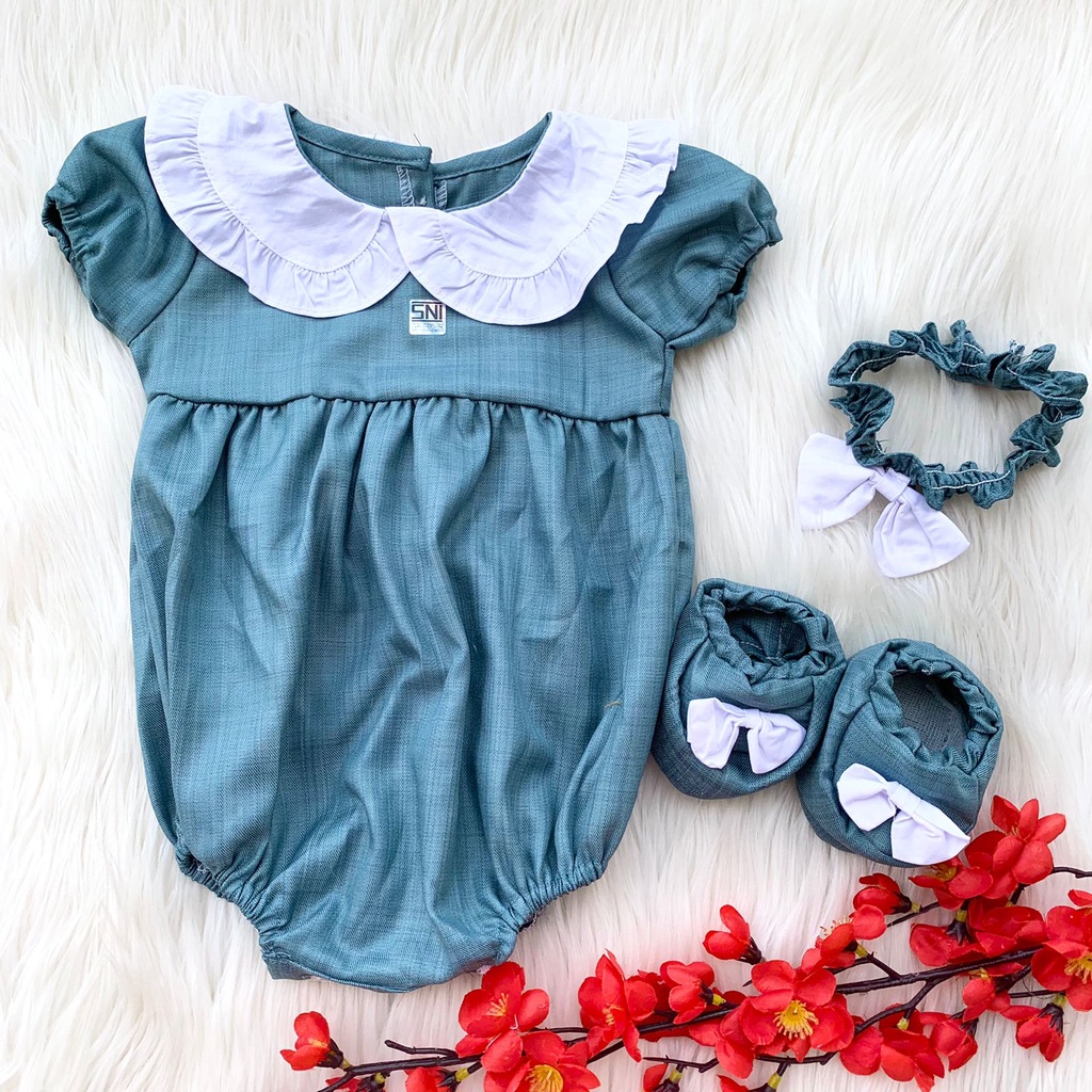 Baju setelan jumper bandana sepatu warna polos newborn fashion anak bayi cewek perempuan murah -nay