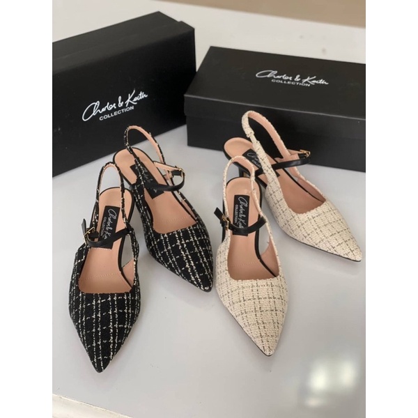 Sepatu Hak Tinggi Wanita CK Slingback Tweed High Heels 5,5cm Premium Import, Hitam Black Khaki Putih