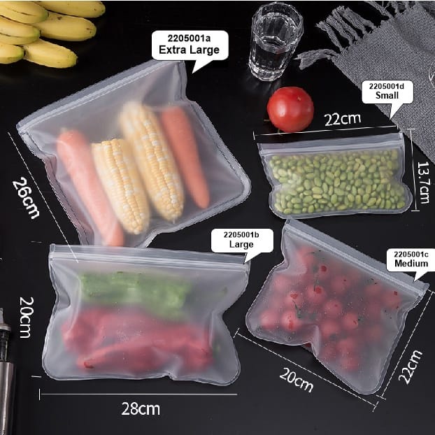 Reusable Silicone Food Bag Kantong Penyimpanan Makanan Kedap Udara Zipper Pouch