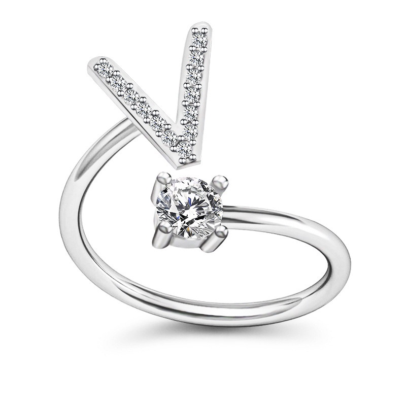 Korea Sederhana Surat Liar Berlian 26huruf Inggris Terbuka Adjustable Cincin Halo Perhiasan Gadis-V