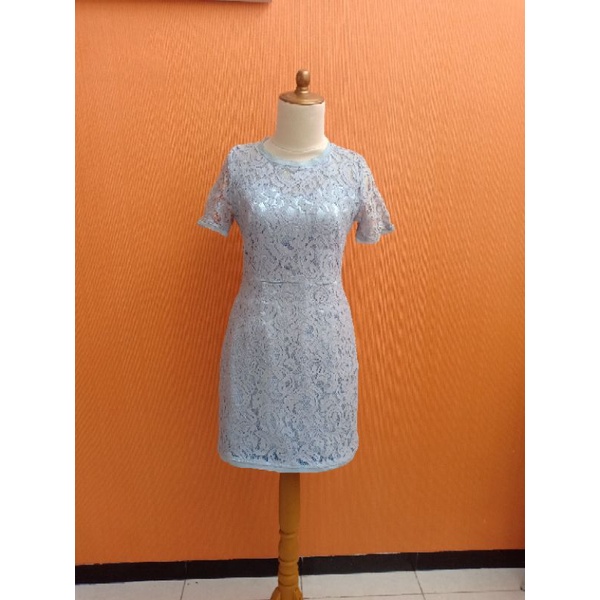 mini midi dress wanita biru muda pastel bunga brukat ICONS cewek M cute MEWAH cewe PESTA