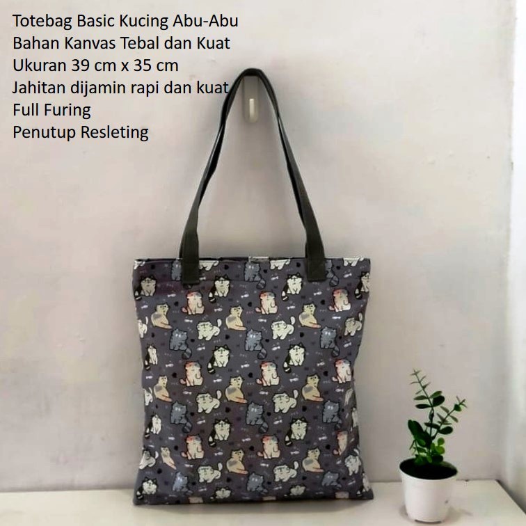 TAS KANVAS TOTEBAG KANVAS MOTIF KUCING ABU. RIENS COLLECTIONS