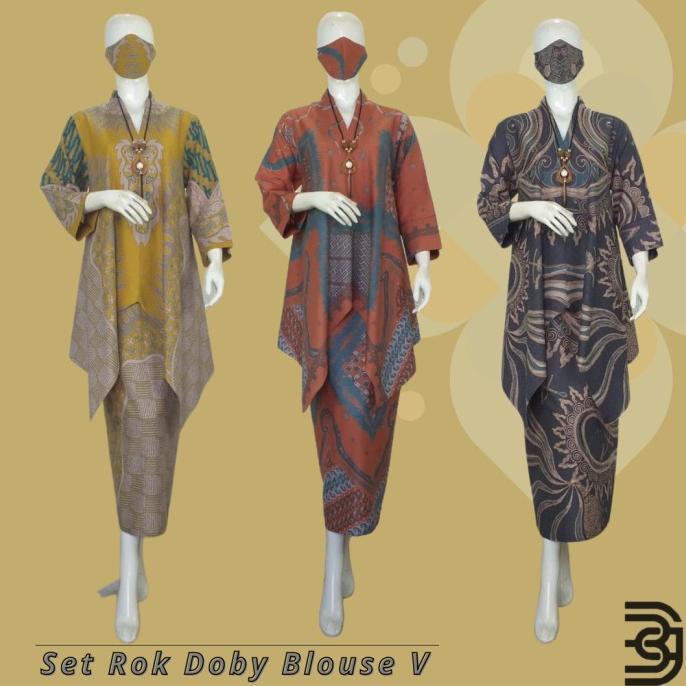 Stelan Batik Wanita Modern Set Rok Blouse V Katun Doby Solo Premium E1