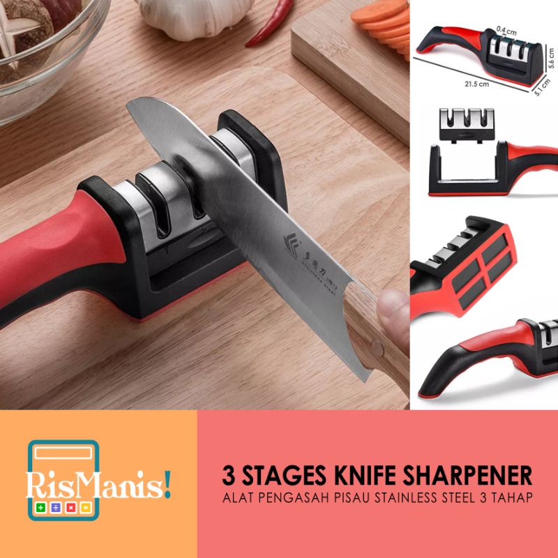 3 STAGES KNIFE SHARPENER - Alat Pengasah Mata Pisau Tajam Instan 3 Tahap Asahan Penajam Gunting Dapur 3 in 1 Pegangan Statis Asah Stainless Steel Anti Karat Power Gripper Anti Slip