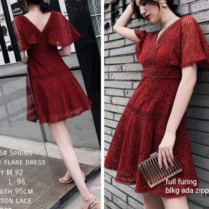 0986 Baju mini dress gaun pendek vneck V-neck lengan ngembang flare dres Korea Korean style maroon p