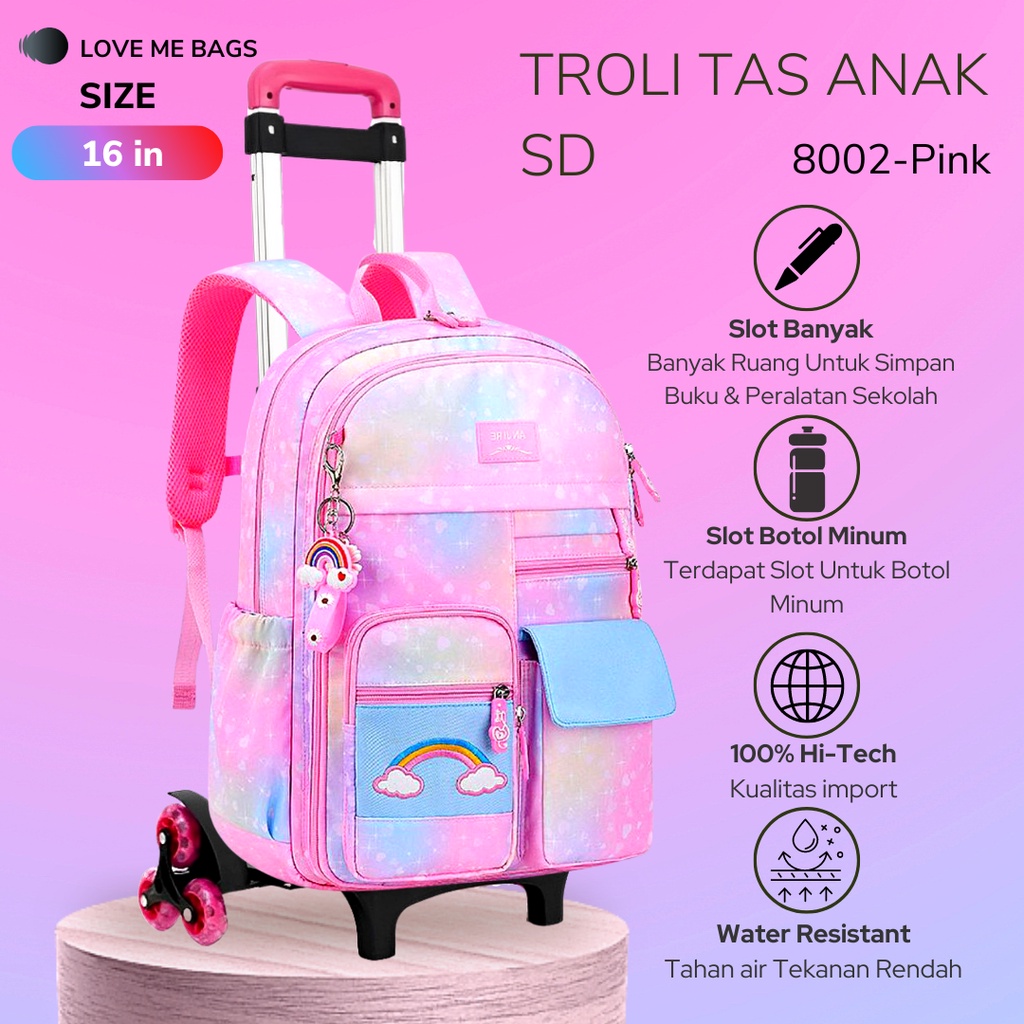 Tas Troli Roda 3 Anak Sekolah Perempuan SD Remaja Import Bisa Lepas Pasang Bahan Parasut Import Tebal Gratis Raincover