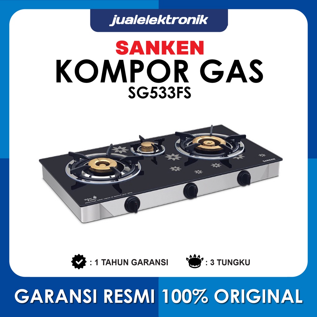 Sanken SG533FS – Kompor Gas 3 Tungku Kaca