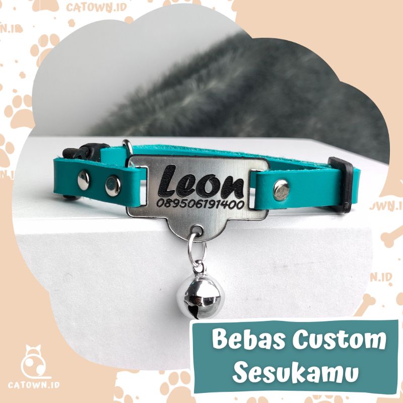 D003-Kalung Kucing Custom Nama Tulisan Gratis Cetak Ukir Tulis Nama Aksesoris Kucing Free Custom Lucu Tulis Identitas Pemilik Alamat Nomor HP Anti Hilang Bahan PU Leather Kulit Cat Collar catown.id