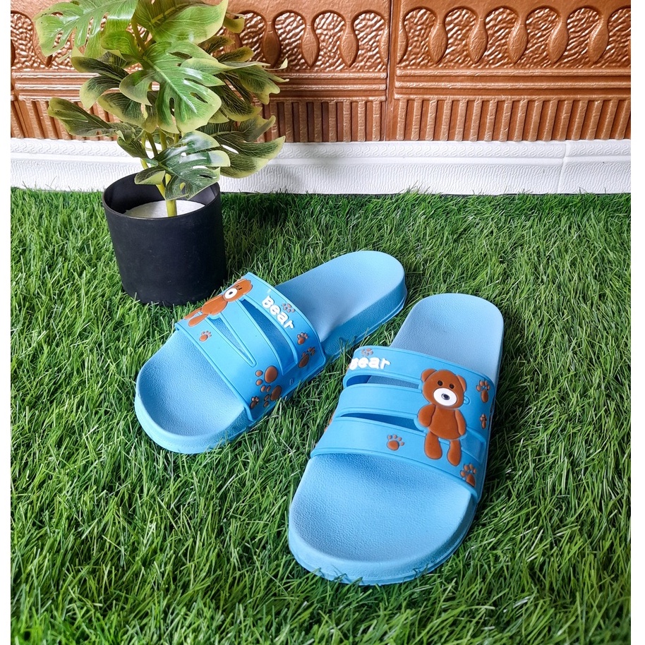 Sandal selop wanita / sendal wanita karet motif Bear lucu warna Biru