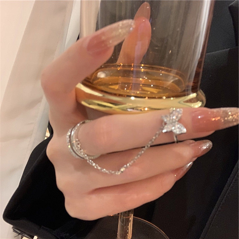 Butterfly Cincin Model Rantai Rumbai Terbuka Desain Kupu-Kupu Aksen Berlian Imitasi Warna Silver Untuk Wanita