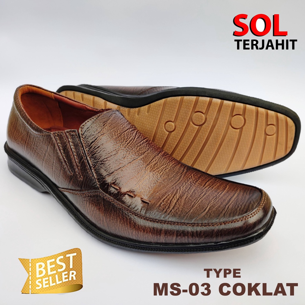 Sepatu Pantofel Hitam Pria Kulit Asli SOL KARET Terjahit Kuat Lentur &amp; Tidak Licin