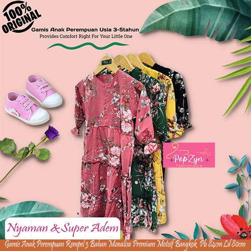 Gamis Anak Perempuan Rempel 3 Susun Monalisa Import Premium Motif Bunga Bangkok Terbaru