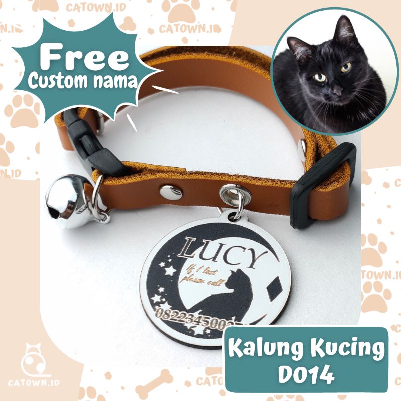 D014 - Kalung Kucing Custom Nama Lucu Gratis Tulis Cetak Ukir Nama Identitas Pemilik Alamat Nomor HP Anti Hilang catown.id