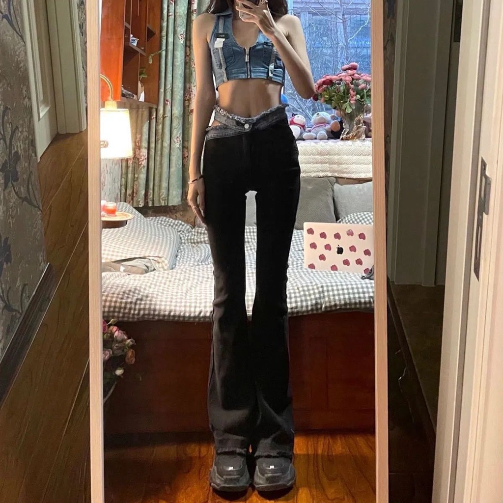 Suhao Spice Girls High Waist Micro Flared Jeans Wanita Akal Desain Niche Musim Gugur 2022 Baru Hitam Horseshoe Celana Ins