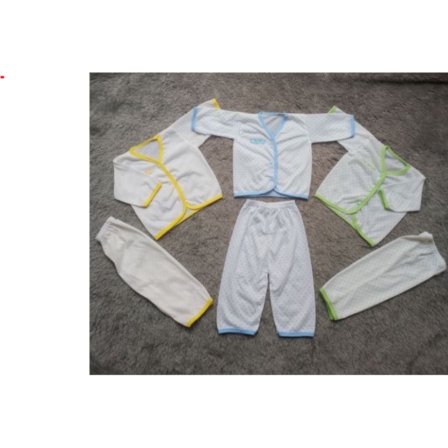 6 PC Baju Bayi Setelan Lengan Panjang+Celana Panjang bahan halus Bintik Polkadot Nik nik