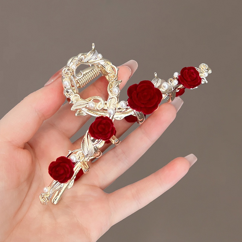 Jepit Rambut Bentuk Bunga Mawar Aksen Mutiara Dan Berlian Imitasi Bahan Alloy Gaya Korea Untuk Wanita