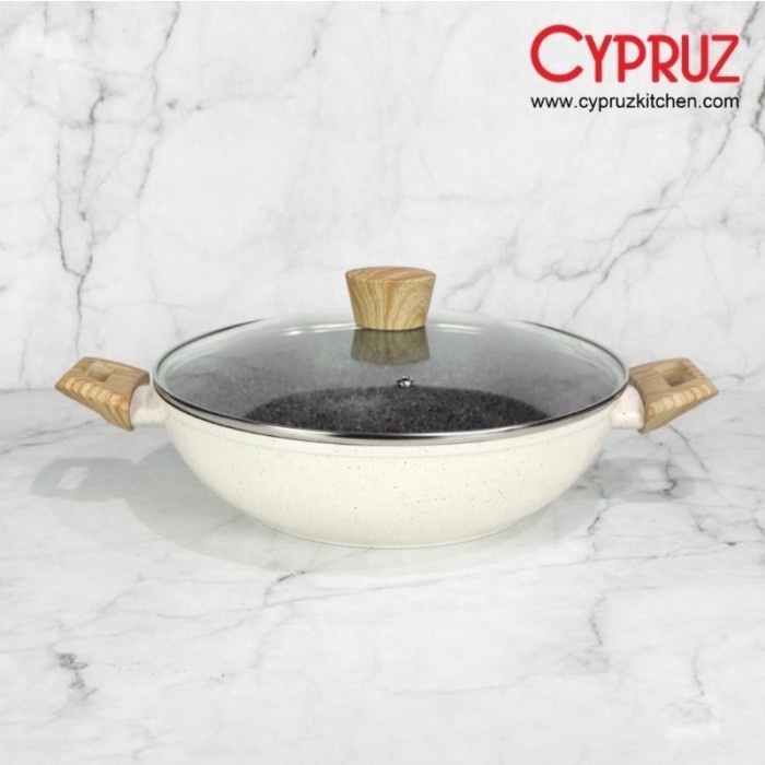 Wok Pan Induksi Cypruz KI-0803 Kuali Tutup 26 cm White GraniteWok Pan Induksi Cypruz KI-0803 Kuali Tutup 26 cm White Granite