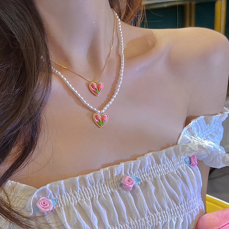 2pcs / Set Kalung Liontin Tulip Warna Pink Gaya Korea Untuk Wanita