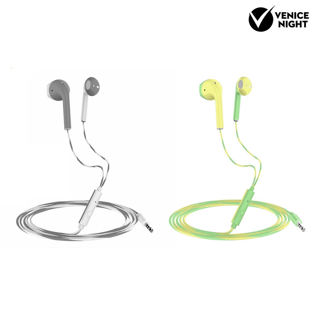 (VNEP) (Berkabel) Earbud Efek Stereo dengan Mikrofon Suara HiFi Telinga Datar Anti-interferensi Pemutar Musik Warna Macaroon 3.5mm In-ear Headphone Aksesori Ponsel