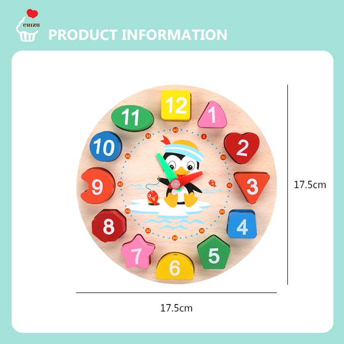 Penguin Chunky Beaded Clock | Mainan Jam Kayu Tebal | Montessori Beading Meronce Motorik Halus | Wooden Digital Number Shape Matching Puzzle | Memasangkan Angka Warna Bentuk Geometri | APE Alat Peraga Edukatif Edukasi Anak Mengenal Waktu Time Teaching Aid