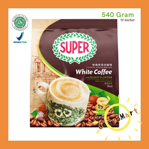 

SUPER WHITE COFFEE HAZELNUT/ CHARCOAL ROASTED COFFEE 3IN1 HAZEL 540GR