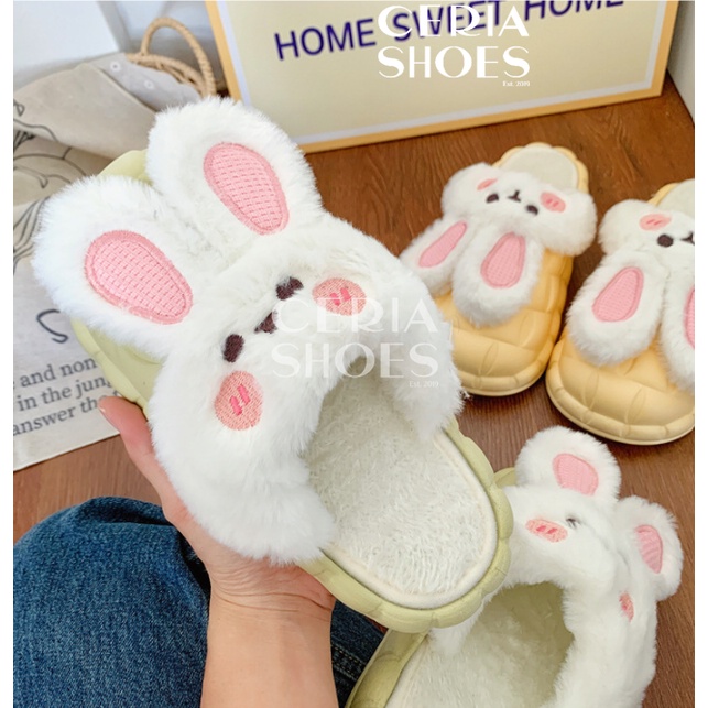 MlNlSO Sandal Rumah Wanita Kain Kapas Halus Elastis Bahan Import Motif Rabbit Sendal Slop Kelinci 8826