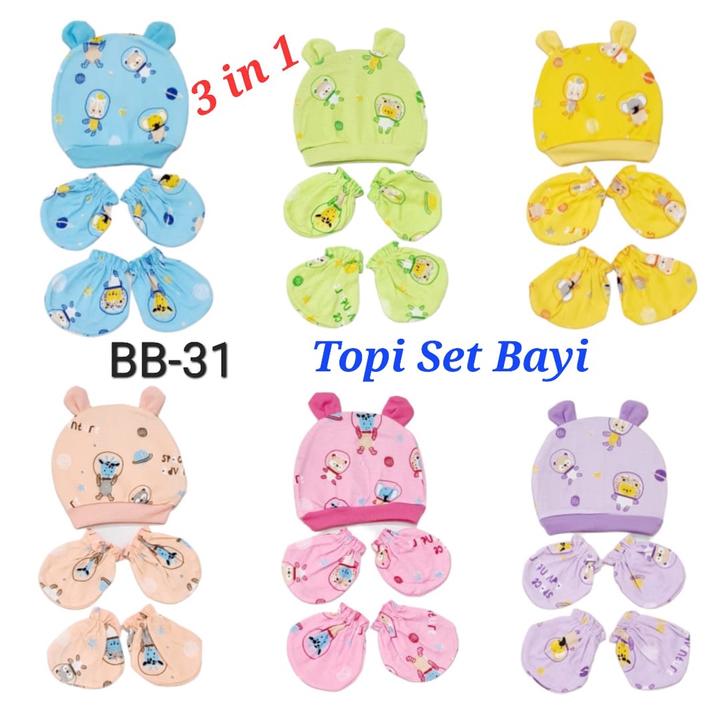 1 set topi rabbit bayi set 3in1 (topi+sarung tangan kaki) 1 set topi bayi newborn / perlengkapan bayi baru lahir laki-laki perempuan topi rajut karakter lucu BB-31