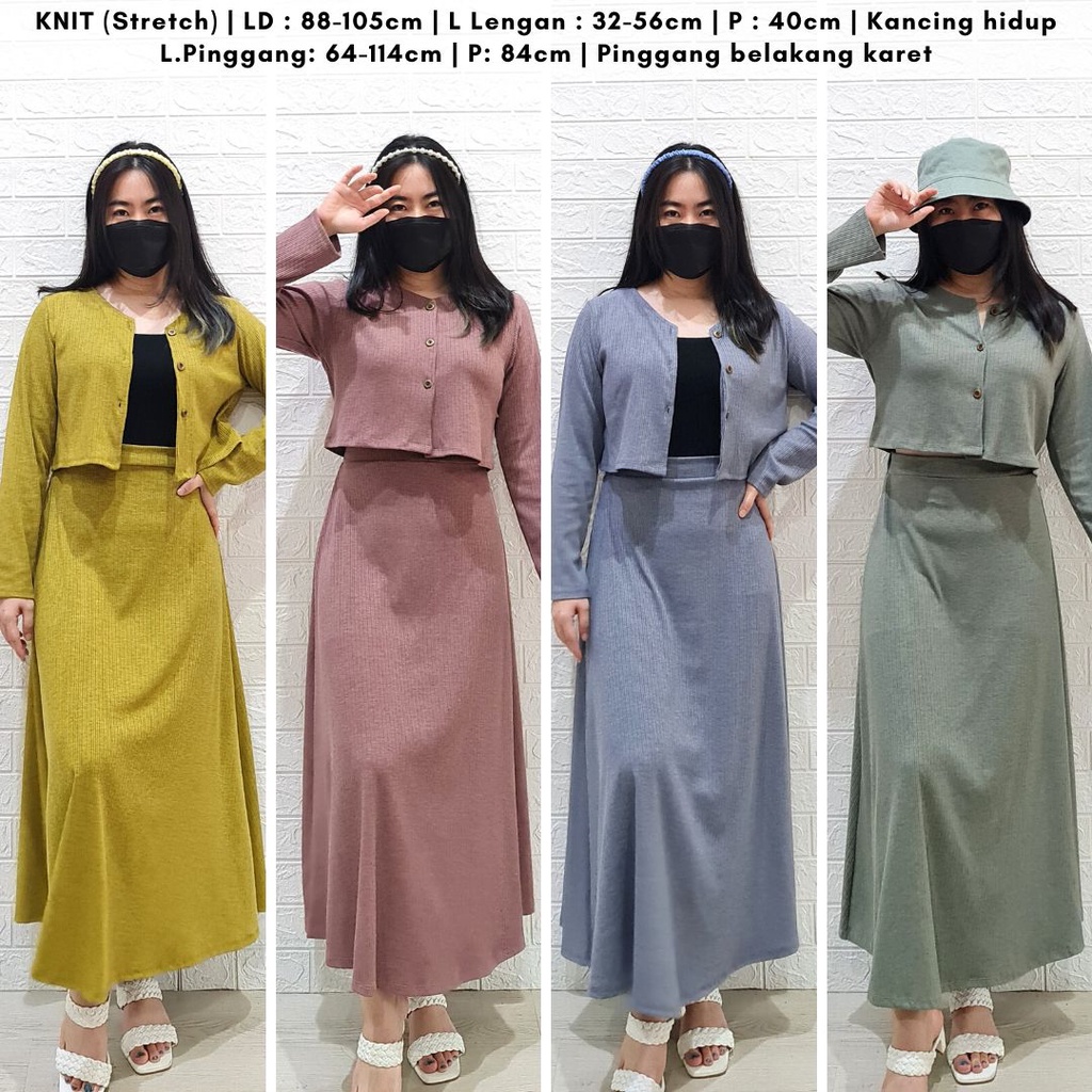 4438 yeriana button long sleeves skirt knit one set rok stelan hijab