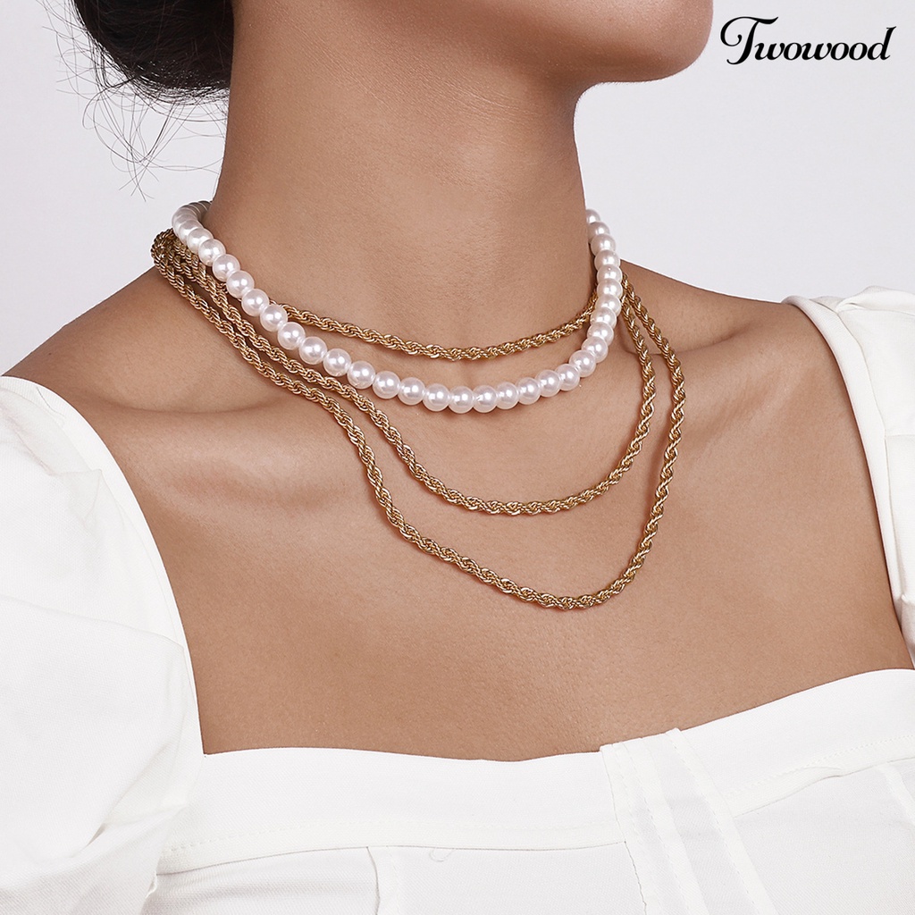 2pcs Kalung Multilayer Aksen Mutiara Imitasi Untuk Wanita