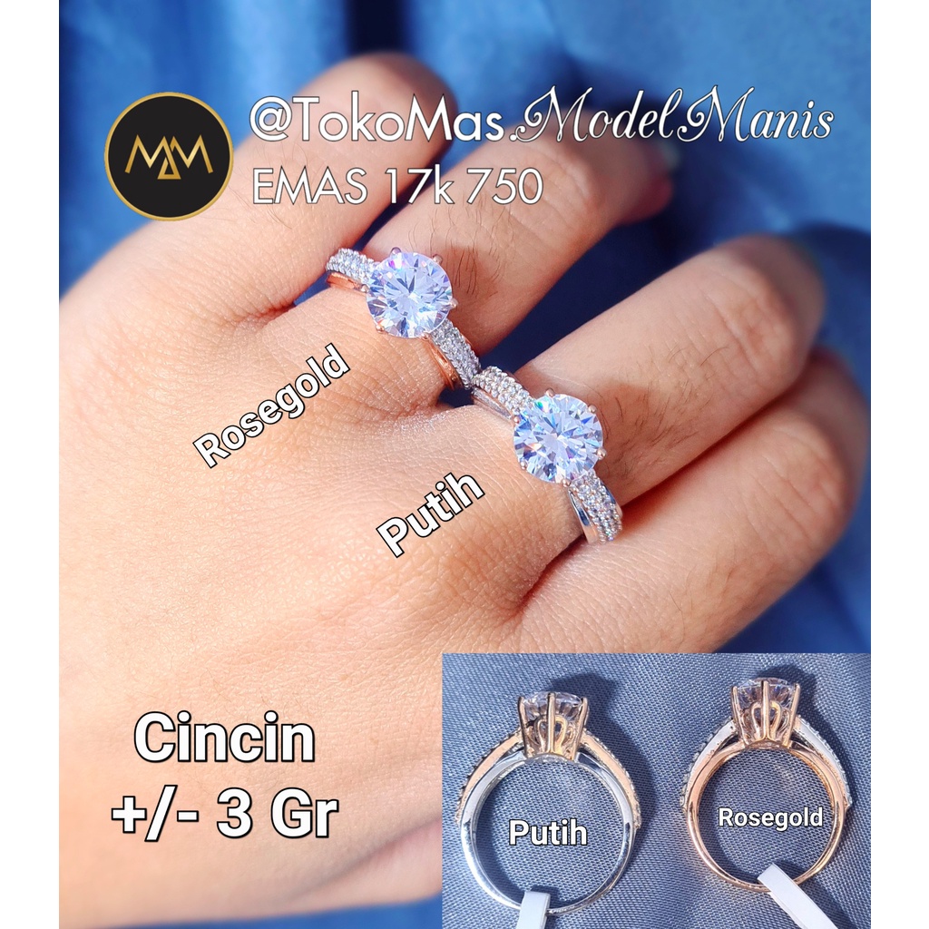 Cincin emas batu Swarovski diamond looks emas rosegold kombinasi emas putih 750 kadar 17k