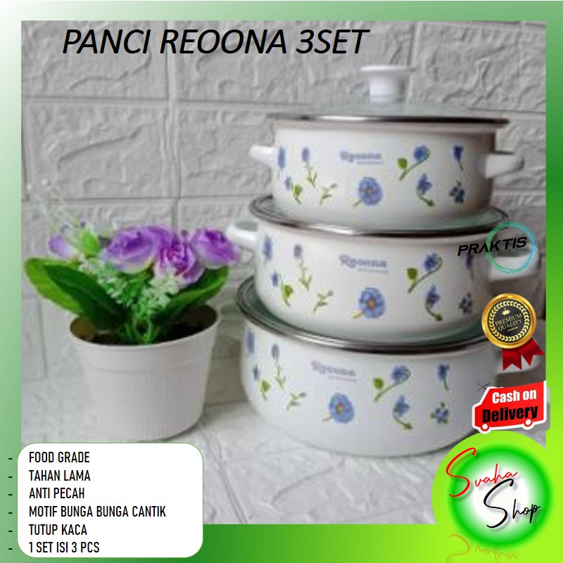 panci reoona 3 set/panci set/panci enamel/panci tutup kaca