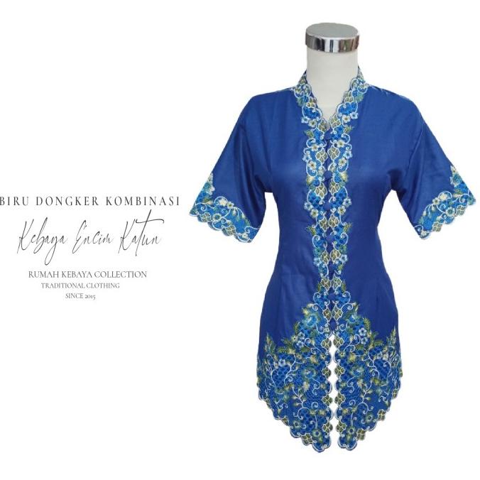 Kebaya Encim Kartini Katun Bordir Modern Biru Dongker Lengan Pendek