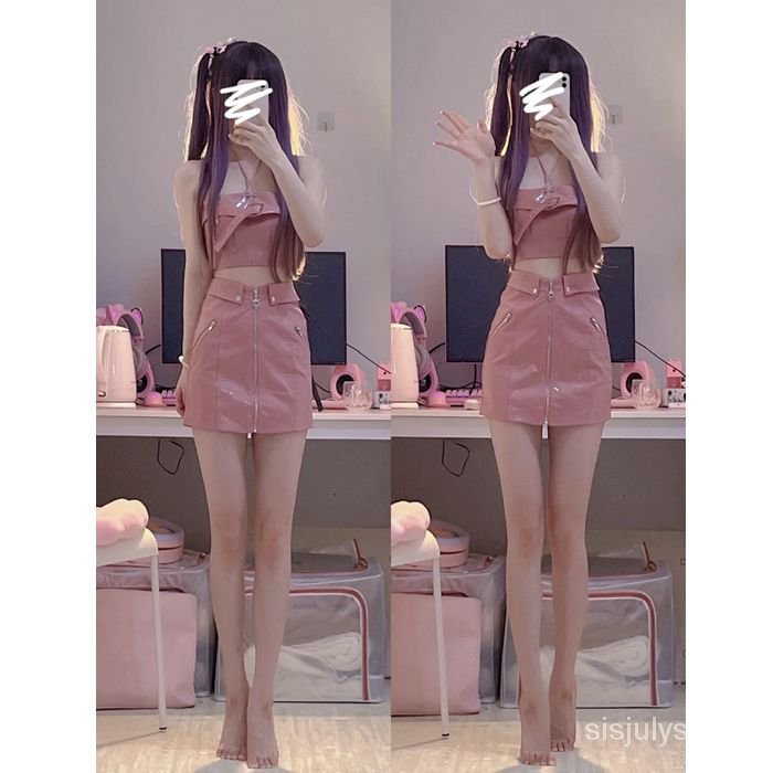 #Sisjuly# [Two Piece Set] Atasan Tank Selubung Pendek Merah Muda Wanita + Rok Kulit Pinggang Pinggul