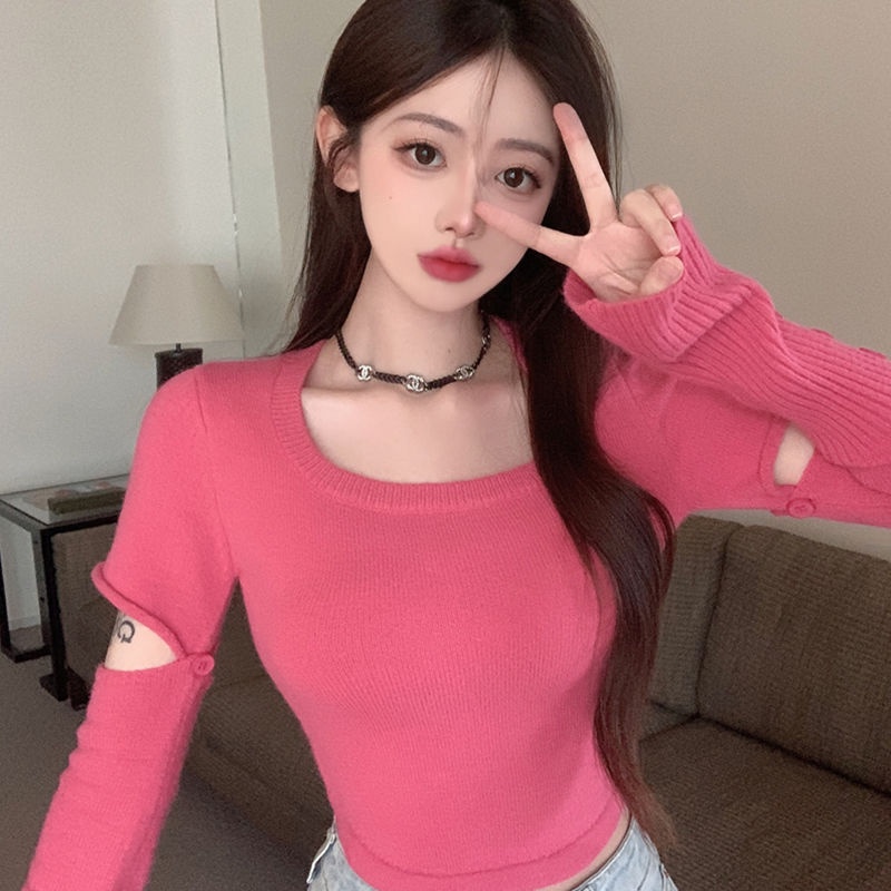 Red Musim Gugur dan Musim Dingin Baru Slim Pullover Jahitan Lengan Sweater Rajutan Atasan Pendek Retro Square Kerah Putih Bawahan Sweater Wanita