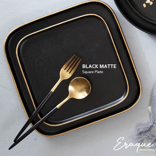 B Matte Square Gold Plate / Piring Saji Makan Steak Salad Keramik Hitam Estetik Unik Bentuk Kotak