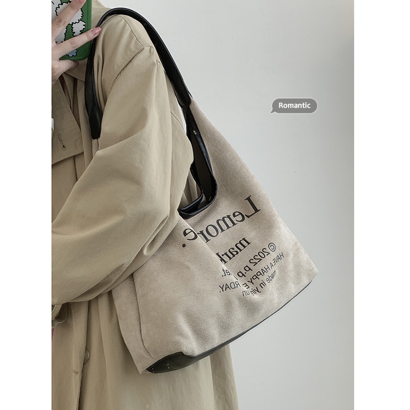 Suhao kulit rusa beludru tas ketiak wanita 2022 baru trendi fashion alfabet tote bag tekstur ceruk tas bahu kapasitas besar