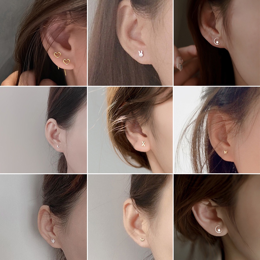 Anting Stud Silver Needle S925 Bentuk Bintang Bulan Dan Kupu-Kupu Kecil Gaya Korea Untuk Wanita