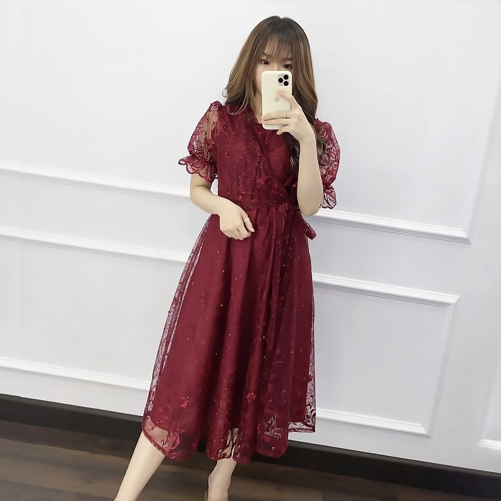 EDISI NATAL.. DRESS NATAL LIVINA GAUN PESTA KONDANGAN ALA KOREA DRESS BROKAT TILE MUTIARA IMPORT MID