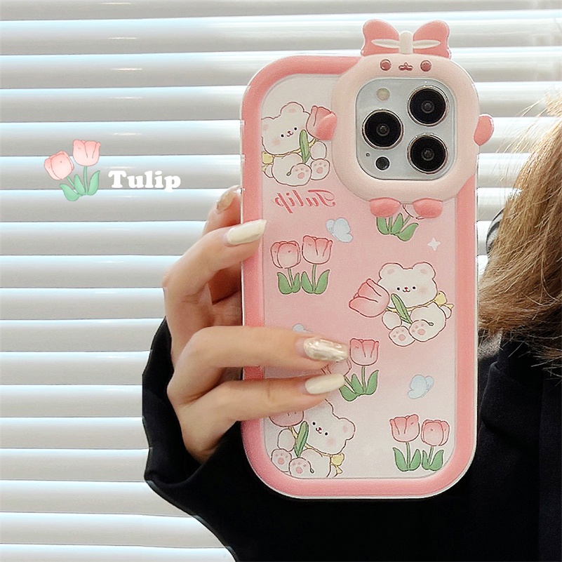 Soft Case Silikon Motif Beruang / Bunga Pink Untuk iPhone 14 13 12 11 Pro Max X Xr Xs Max 7 8 6 6s Plus