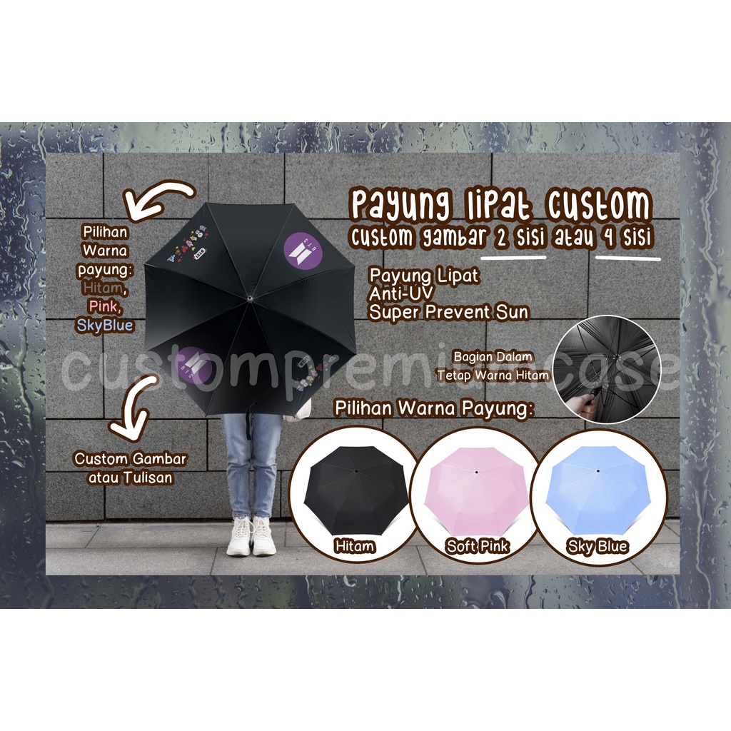 CUSTOM PAYUNG LIPAT Tema Gambar BTS BT21 / DESAIN SENDIRI - Tersedia Pilihan Warna Payung: HITAM/PIN
