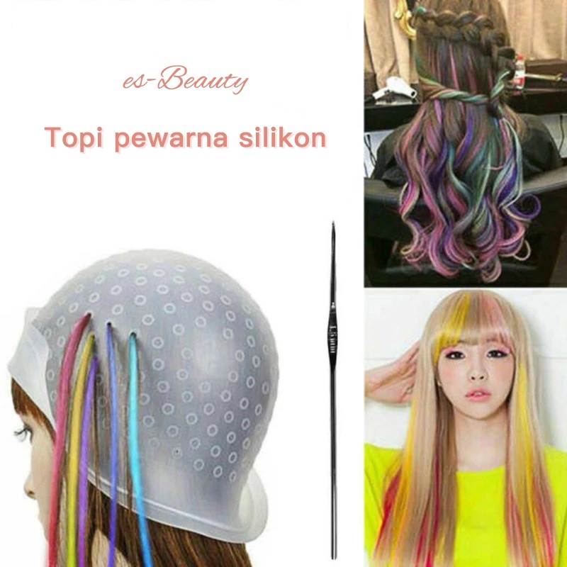 Topi pewarna silikon Topi Semir, alat semir rambut, topi pewarnaan aksesori rambut + jarum kait, top