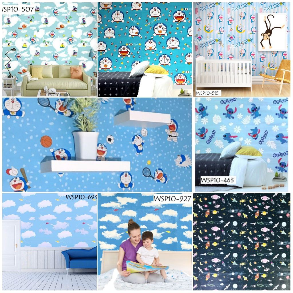 Wallpaper Sticker Wallsticker Hiasan Dinding 45cm x 10m Motif Kartun Doraemon Stitch Awan Outerspace