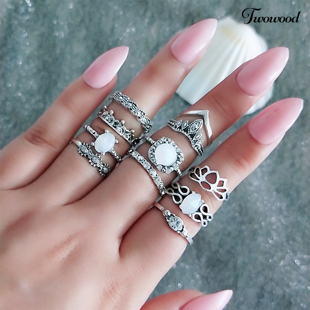 Set 11Pcs Cincin Knuckle Stacking Hias Opal Berlian Imitasi Untuk Wanita