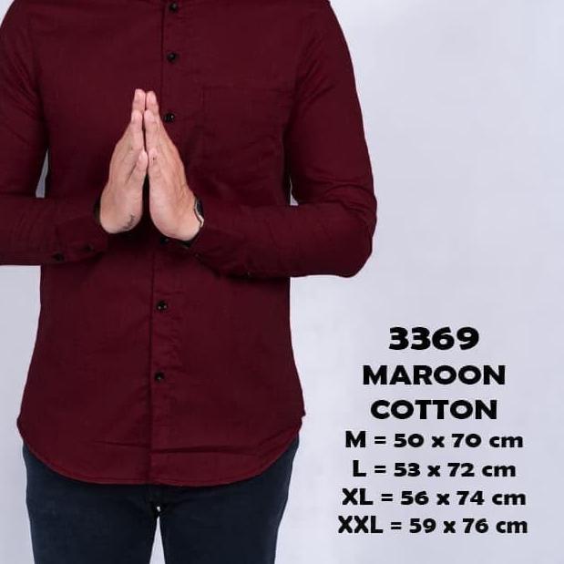 Kemeja pria kerah shanghai koko lengan panjang slimfit MERAH MAROON - Maroon, L