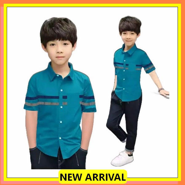 Kemeja Premium Anak Laki Laki Umur 8 9 10 11 12 13 Tahun Lengan Tangan Pendek Berkancing Motif Polos