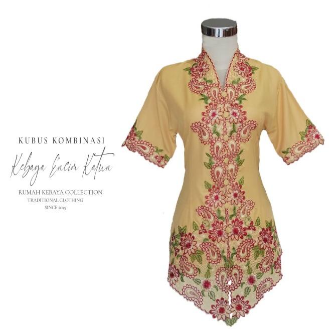 Kebaya Encim Kartini Katun Bordir Modern Kuning Kubus Lengan Pendek