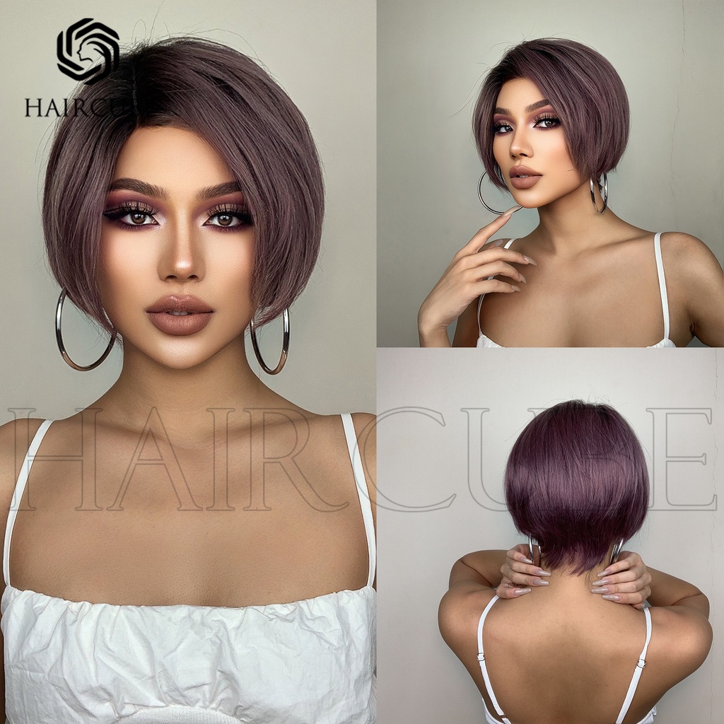 Promo！！Produk baru dan 100 % rambut asli, 8 inci, rambut renda, wig ungu, rambut pendek, rambut