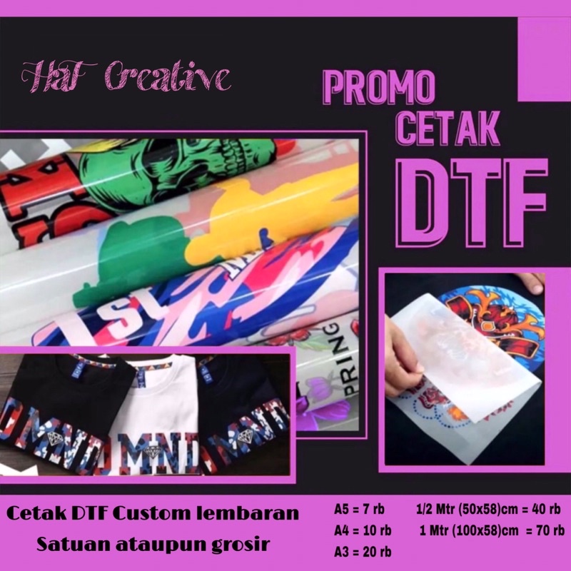 

Cetak DTF murah A4 / Printing DTF murah A4 / Sablon DTF murah A5 A4 A3 / Custom satuan ukuran perlembar / per meter /per setengah meter /per cm / per centi termurah / sablon kaos premium berkualitas baik