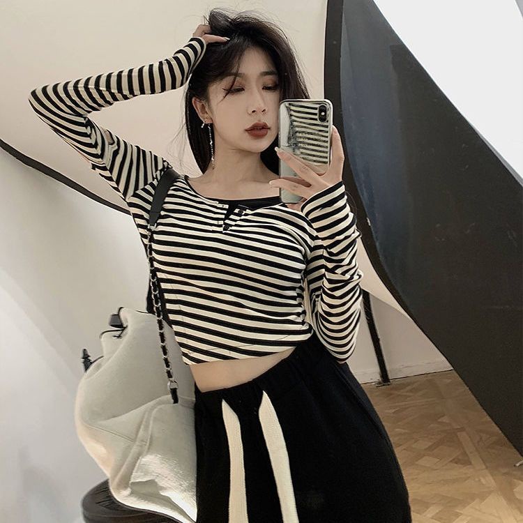 Cotton fake two-piece striped long-sleeved T-shirt women's design thin section slim slimming early a