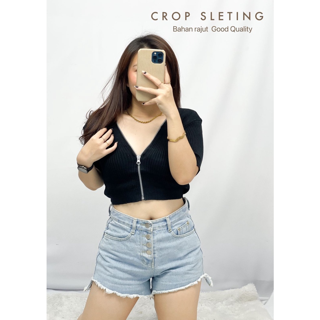 Basic id fashion  Crop Top Rajut Zipper / Crop Top lengan pendek